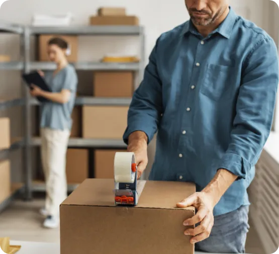 man taping box